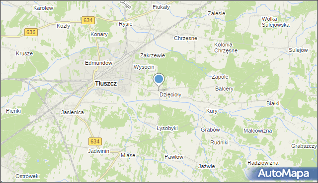 mapa Dzięcioły, Dzięcioły gmina Tłuszcz na mapie Targeo