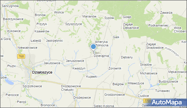mapa Dzierążnia, Dzierążnia gmina Działoszyce na mapie Targeo