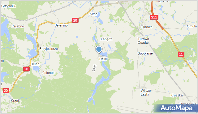 mapa Dziki, Dziki gmina Szczecinek na mapie Targeo