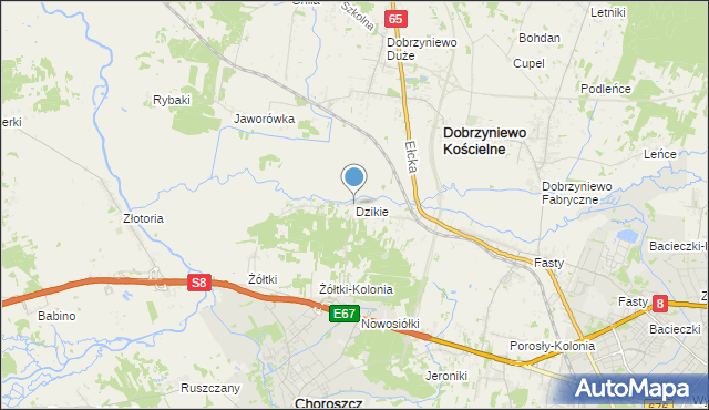 mapa Dzikie, Dzikie gmina Choroszcz na mapie Targeo