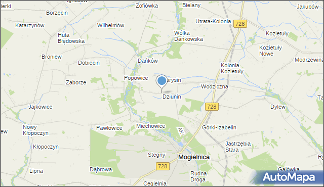 mapa Dziunin, Dziunin gmina Mogielnica na mapie Targeo
