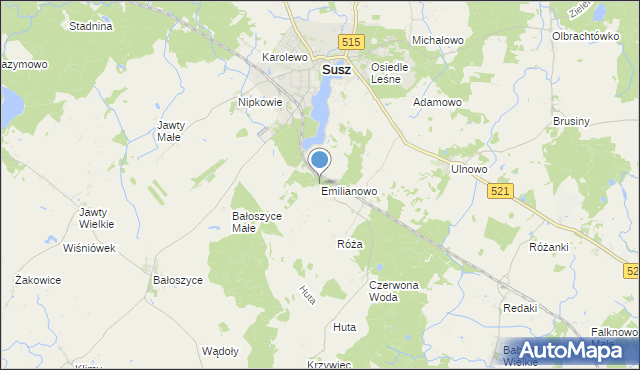 mapa Emilianowo, Emilianowo gmina Susz na mapie Targeo