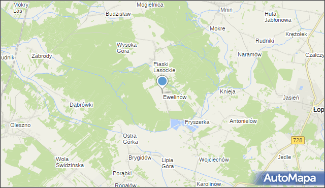 mapa Ewelinów, Ewelinów gmina Łopuszno na mapie Targeo