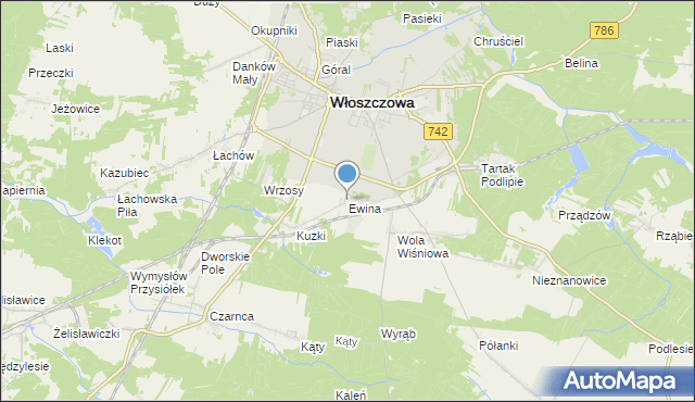 mapa Ewina, Ewina gmina Włoszczowa na mapie Targeo