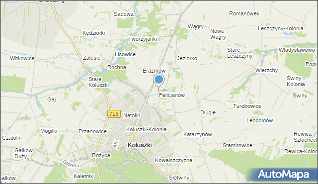 mapa Felicjanów, Felicjanów gmina Koluszki na mapie Targeo