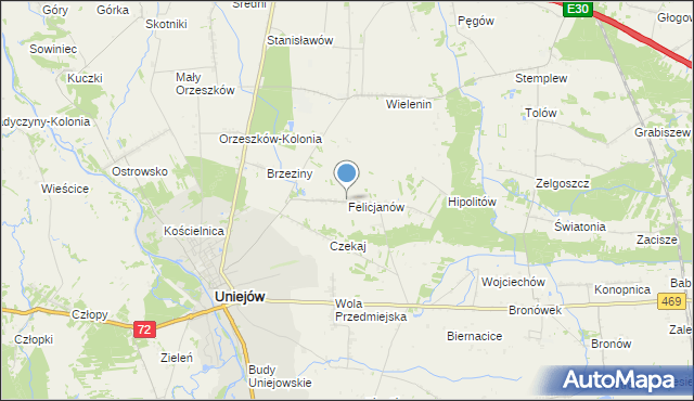 mapa Felicjanów, Felicjanów gmina Uniejów na mapie Targeo