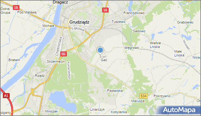 mapa Gać, Gać gmina Grudziądz na mapie Targeo