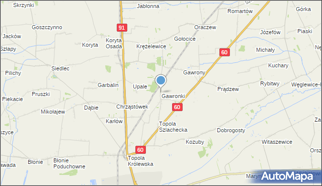 mapa Gawronki, Gawronki gmina Łęczyca na mapie Targeo