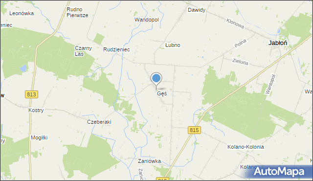 mapa Gęś, Gęś gmina Jabłoń na mapie Targeo