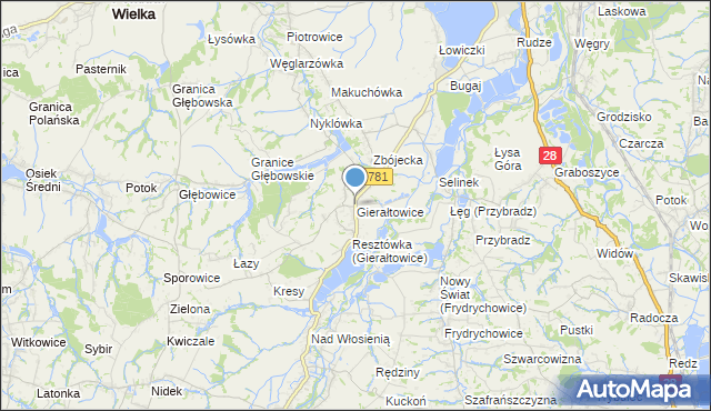 mapa Gierałtowice, Gierałtowice gmina Wieprz na mapie Targeo