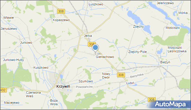 mapa Gierłachowo, Gierłachowo gmina Krzywiń na mapie Targeo