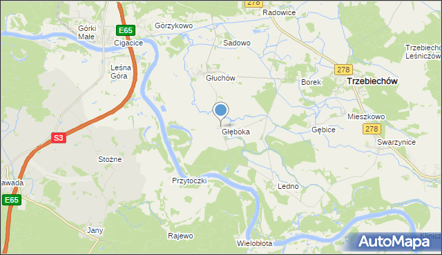 mapa Głęboka, Głęboka gmina Trzebiechów na mapie Targeo