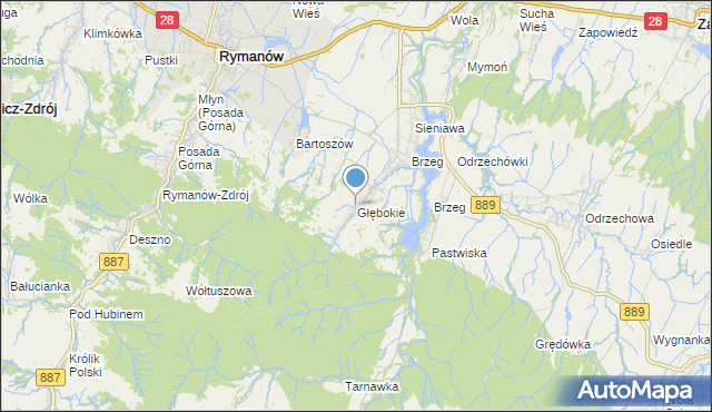 mapa Głębokie, Głębokie gmina Rymanów na mapie Targeo