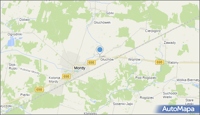 mapa Głuchów, Głuchów gmina Mordy na mapie Targeo