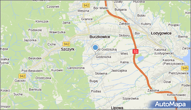 mapa Godziszka, Godziszka gmina Buczkowice na mapie Targeo