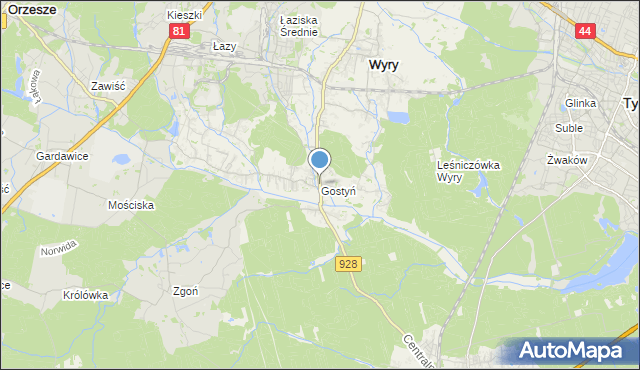 mapa Gostyń, Gostyń gmina Wyry na mapie Targeo