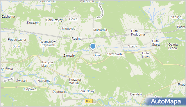 mapa Gózd, Gózd gmina Harasiuki na mapie Targeo
