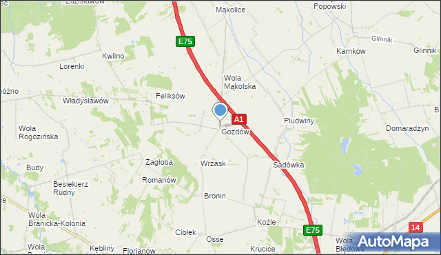 mapa Gozdów, Gozdów gmina Stryków na mapie Targeo