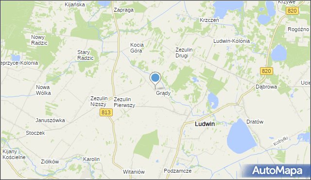 mapa Grądy, Grądy gmina Ludwin na mapie Targeo