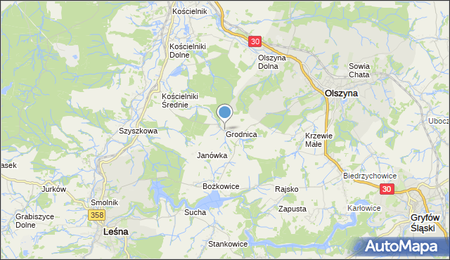 mapa Grodnica, Grodnica gmina Olszyna na mapie Targeo