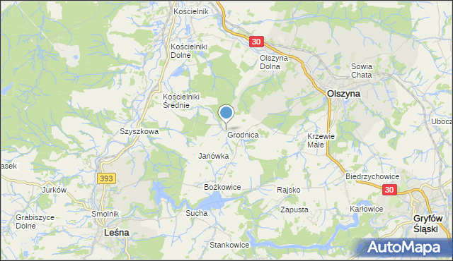 mapa Grodnica, Grodnica gmina Olszyna na mapie Targeo