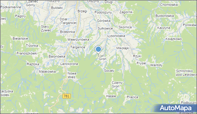 mapa Groń, Groń gmina Andrychów na mapie Targeo