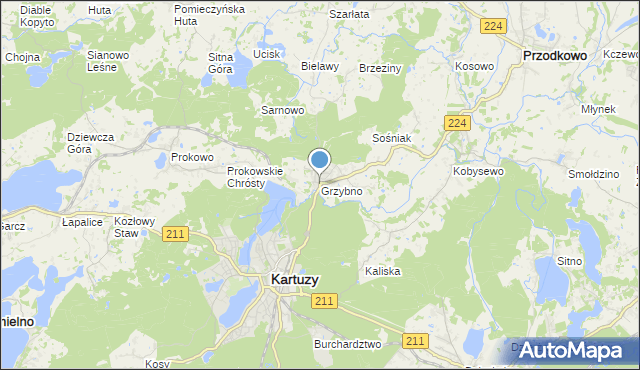 mapa Grzybno, Grzybno gmina Kartuzy na mapie Targeo