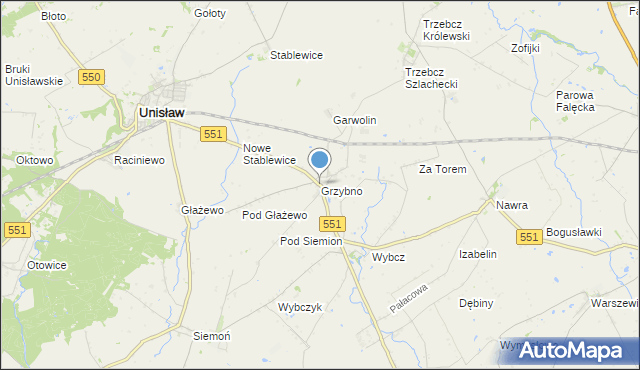 mapa Grzybno, Grzybno gmina Unisław na mapie Targeo