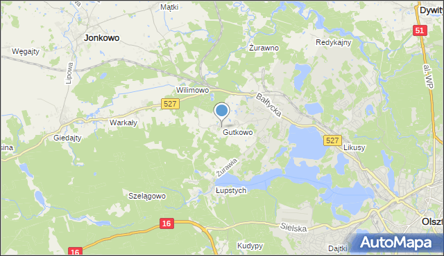 mapa Gutkowo, Gutkowo gmina Jonkowo na mapie Targeo