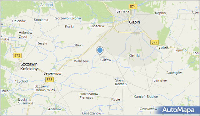 mapa Guzew, Guzew gmina Gąbin na mapie Targeo