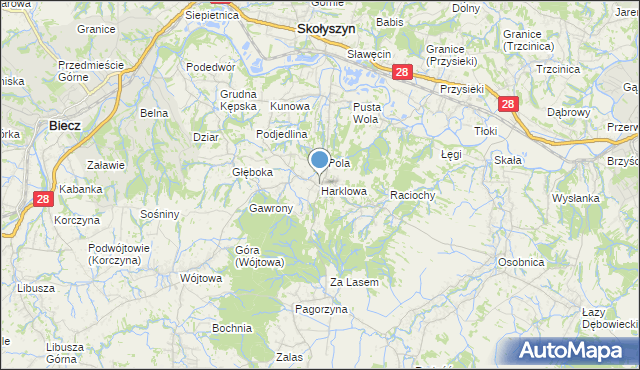 mapa Harklowa, Harklowa gmina Skołyszyn na mapie Targeo