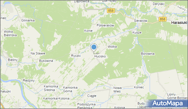 mapa Hucisko, Hucisko gmina Harasiuki na mapie Targeo