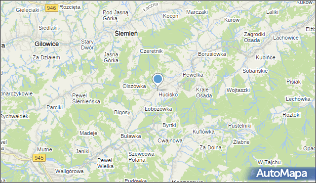 mapa Hucisko, Hucisko gmina Stryszawa na mapie Targeo