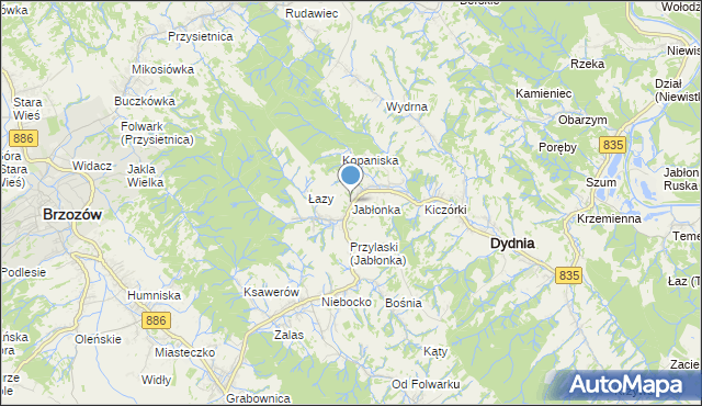 mapa Jabłonka, Jabłonka gmina Dydnia na mapie Targeo