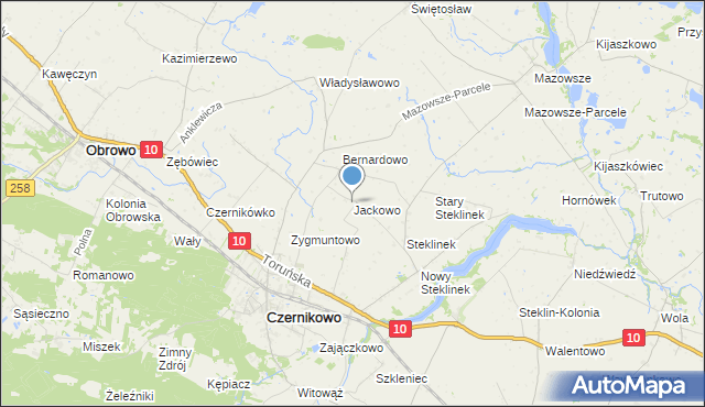 mapa Jackowo, Jackowo gmina Czernikowo na mapie Targeo