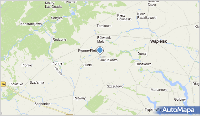 mapa Jakubkowo, Jakubkowo gmina Radomin na mapie Targeo