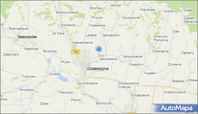 mapa Jakubowice, Jakubowice gmina Działoszyce na mapie Targeo