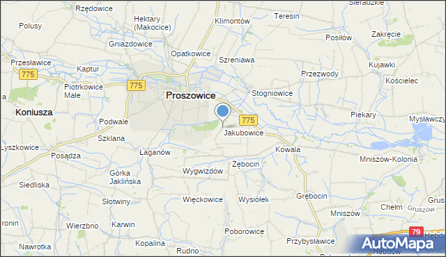 mapa Jakubowice, Jakubowice gmina Proszowice na mapie Targeo