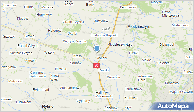 mapa Janów, Janów gmina Młodzieszyn na mapie Targeo