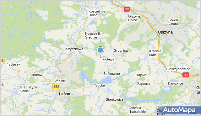 mapa Janówka, Janówka gmina Leśna na mapie Targeo