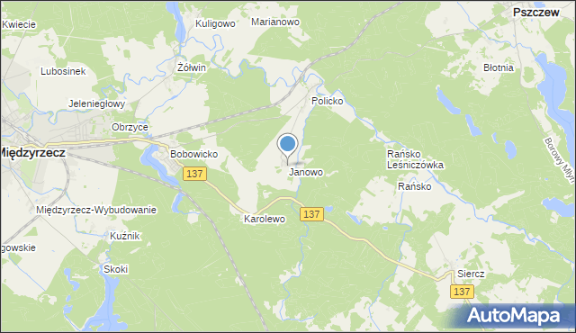 mapa Janowo, Janowo gmina Pszczew na mapie Targeo