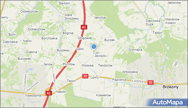 mapa Jaroszki, Jaroszki gmina Brzeziny na mapie Targeo