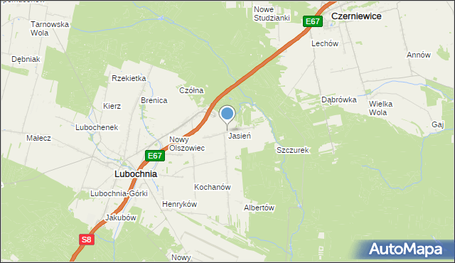 mapa Jasień, Jasień gmina Lubochnia na mapie Targeo