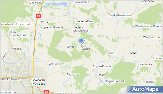 mapa Jasień, Jasień gmina Repki na mapie Targeo