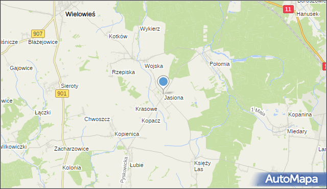 mapa Jasiona, Jasiona gmina Zbrosławice na mapie Targeo