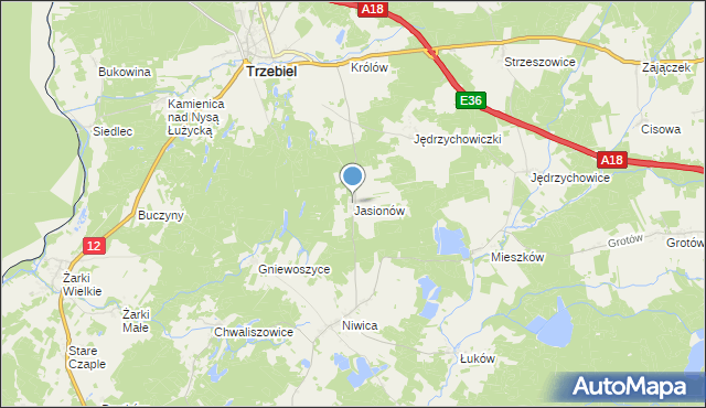 mapa Jasionów, Jasionów gmina Trzebiel na mapie Targeo