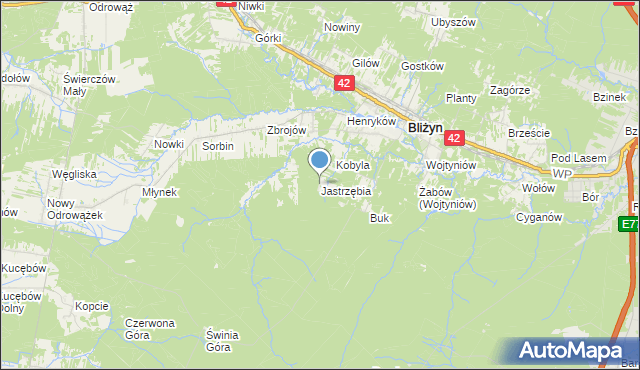 mapa Jastrzębia, Jastrzębia gmina Bliżyn na mapie Targeo