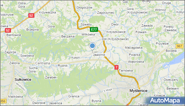 mapa Jawornik, Jawornik gmina Myślenice na mapie Targeo