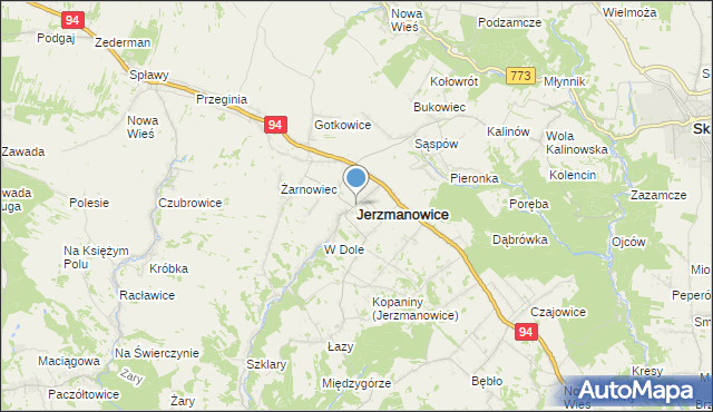 mapa Jerzmanowice, Jerzmanowice gmina Jerzmanowice-Przeginia na mapie Targeo