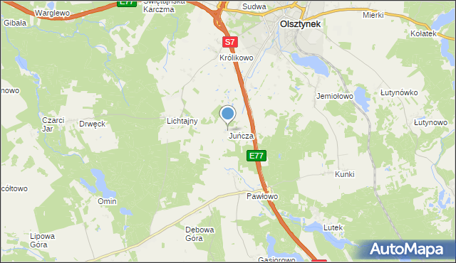 mapa Juńcza, Juńcza gmina Olsztynek na mapie Targeo